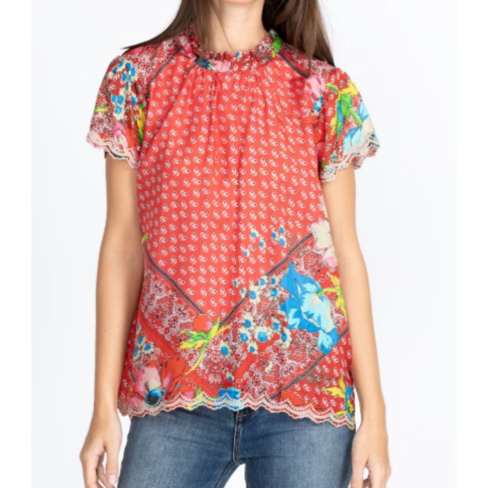 Johnny Was Martha Lisa 100% Silk Blouse S Floral Paisley Lace Boho Multicolor